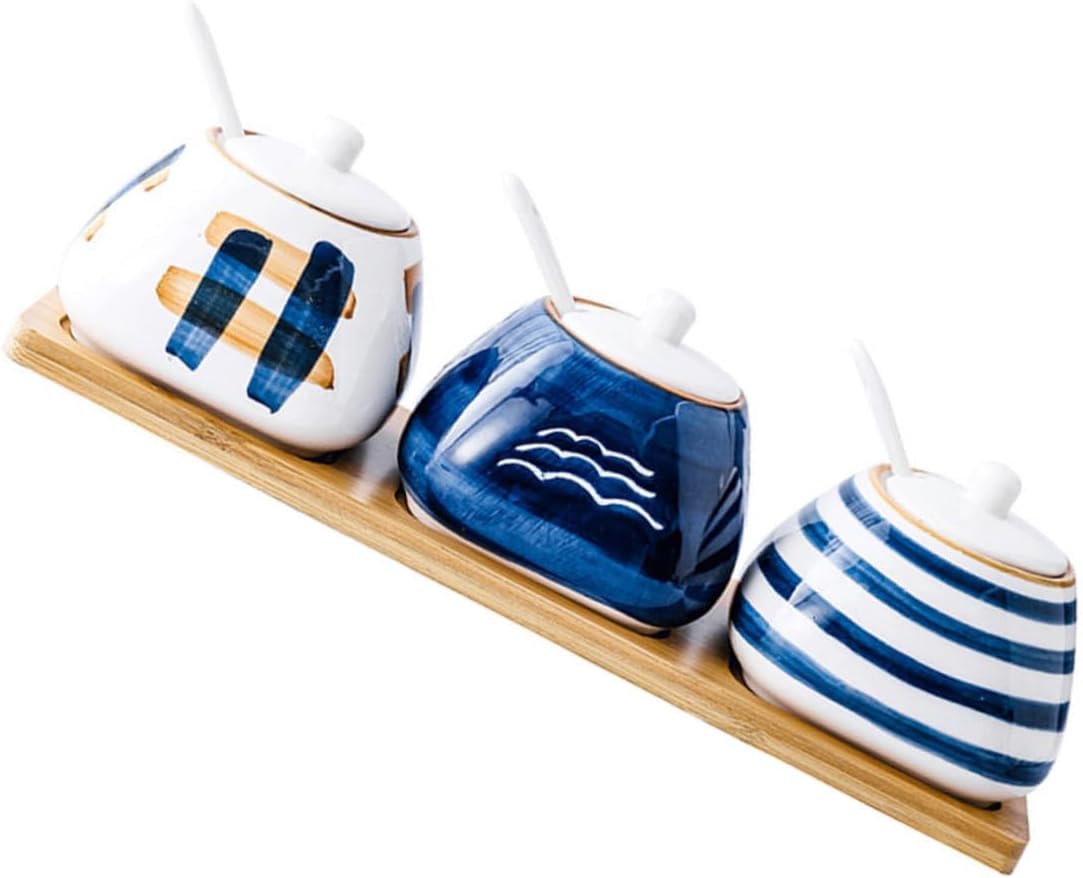 Zerodeko 1set Hand-painted Japanese Ceramic Spice Jar Tray Condiment Containers for Kitchen Seasonings Easy to Clean Vintage Design