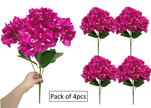 Dophinena Set Of 4Pcs - Artificial Bougainvillea Bush Silk Flowers Bouquet Rich Blossom For Home Garden Wedding Decor Faux Flower Shrubs Indoor And Outdoor Plants (Fuchsia) #TOP2
