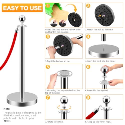 Image of LOVMOR Crowd Control Stanchion, 12Pcs Silver Stanchion Posts Queue with 8pcs 5 ft /1.5 m Red Velvet Rope, Rope Barriers Crowd Control Barriers Queue Line for Hotel Theater Party Supplies