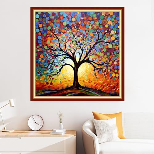 Image of Disxvivy Cross Stitch Stamped Full Embroidery Kits DIY 11CT Cotton Thread Printed DIY Needlepoint Kits Craft Needlework Set Cross-Stitch Stamped Sets-Colorful Night Light Tree 18x18 inch