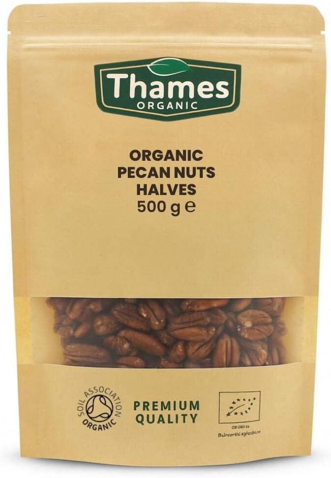 Organic Pecan Nuts - Halves, Shelled Pecans - No Additives or Preservatives - Vegan, GMO-Free, Certified Organic - Delicious and Nutritious Snack - Perfect for Baking and Cooking - Thames Organic 500g