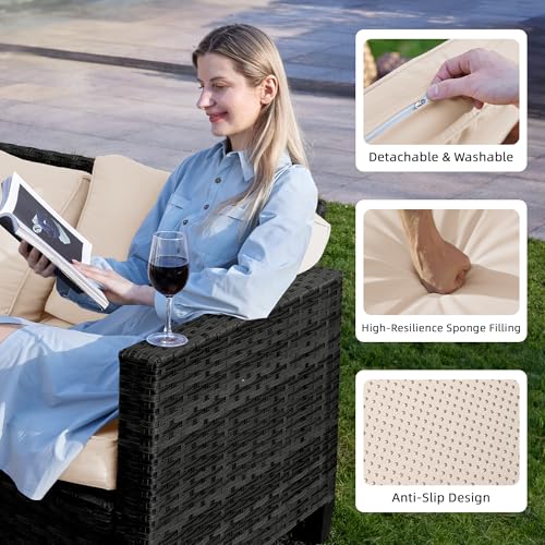 Image of UDPATIO Patio Furniture Set with Fire Pit Table, Rocking Swivel Chairs, 5 Pieces Outdoor Furniture Sets, All-Weather Wicker Outdoor Sectional Sofa with Waterproof Cover, 4'' Thickened Cushion, Khak