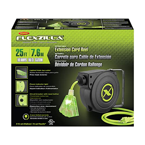 Image of Flexzilla Retractable Extension 16 /3 AWG 25' Electric Cord Reel, ZillaGreen, FZ8160253