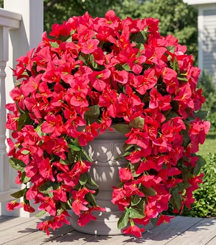 Faux Bougainvillea Artificial Flowers Plants for Outdoors Outside Decoration, 2 PCS Fake Flowers Silk Long Trailing Vines UV Resistant Realistic for Front Door Porch Planter Urn Patio Balcony Hot Pink