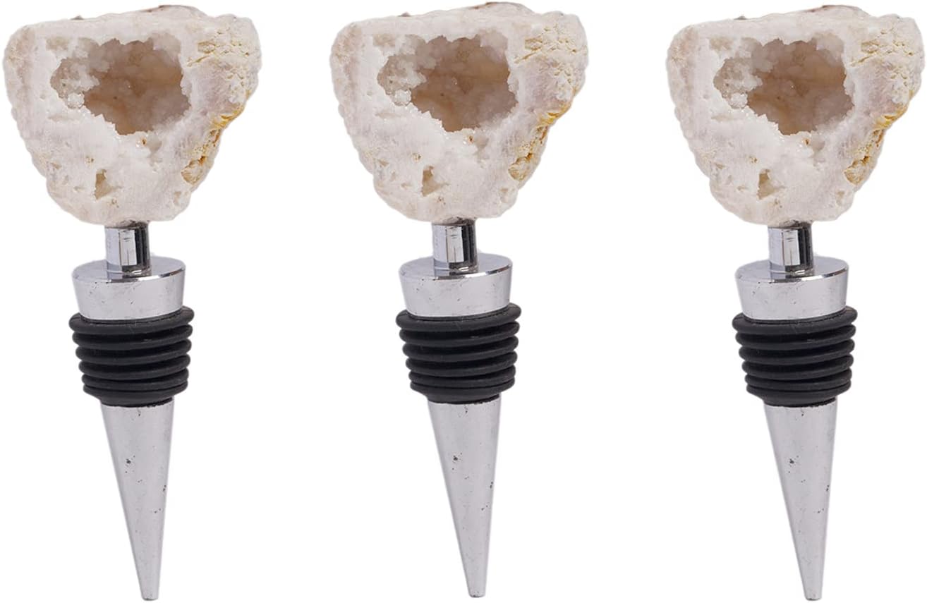 AMOYSTONE Natural Agate Geode Wine Stoppers (White Quartz) with 4" Electroplated Metal for Kitchen & Bar - Unique Shelf Decor, Hostess Gift for Entertainers & Collectors (3 Pack)