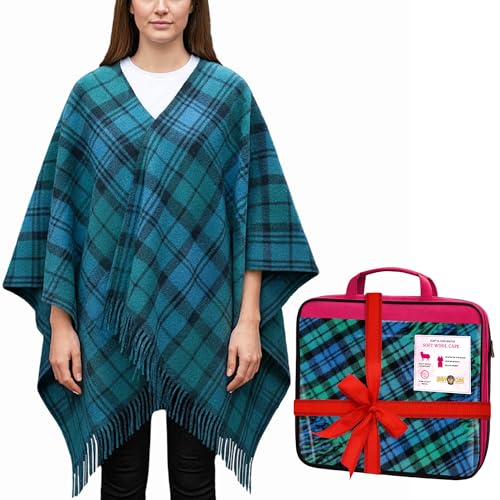 BRAW CLANS TARTANS Soft wool Tartan Poncho Blanket cape made in Scotland - Ruana cloak style - full body shawl - Mothers day Gift - Home Travel Camping - Campbell Ancient Tartan