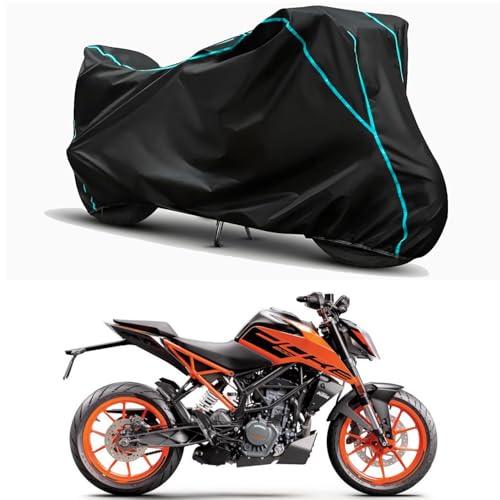 Image of Waterproof Bike Body Cover Compatible for | KTM 200 Duke BS6 | Taffeta Fabric, Sky Piping Design, Bottom Elastic Fit | Dustproof, Sun UV & Rain Protection for All Weather.
