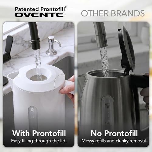 Image of OVENTE 1.8L Electric Kettle, BPA-Free with Easy-Fill Lid, White KP413W | 1500W Fast Boiling Water Heater, Auto Shut-Off, Boil-Dry Protection, 360 Swivel Base, Clear-View Window, Removable Filter