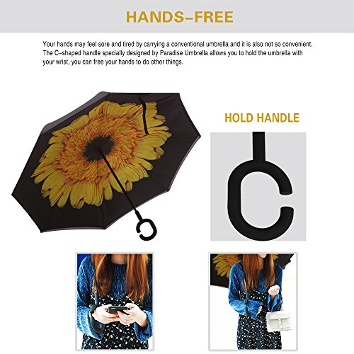 SIEPASA 49/56 Inch Inverted Reverse Upside Down Umbrella, Extra Large Double Canopy Vented Windproof Waterproof Stick Golf Umbrellas with C-shape Handle.(Yellow Daisies, 49 Inch)