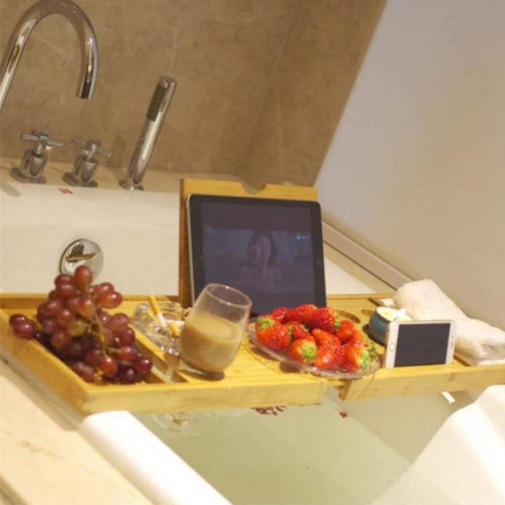 HUOLE Bandeja para bañera, diseño con candelabro, para Copas de Vino, Libros, tabletas, iPad y teléfono, con Puente Extensible y Ajustable, 100% bambú,