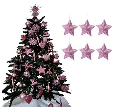 Simply Products Pack of 6-8cm 3D Glitter Star Baubles Christmas Tree Decorations (Blush (Pink))