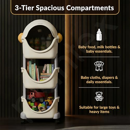 Image of Plantex Toy Rack for Kids Room /Multipurpose Astro Storage Organizer for Baby Clothes Wardrobe /3-Tier ABS Plastic Baby Toy Storage Organiser with Flip Cover-Pack of 1(White & Grey)