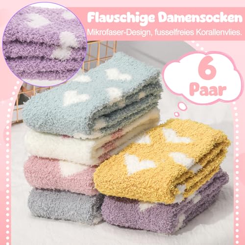 Utensilsto 6 Paar Kuschelsocken Damen 35-39 Flauschige Kuschel Socken Haussocken Fluffy Schlafsocken Fuzzy Flauschsocken Herz Wintersocken für Frauen Damen