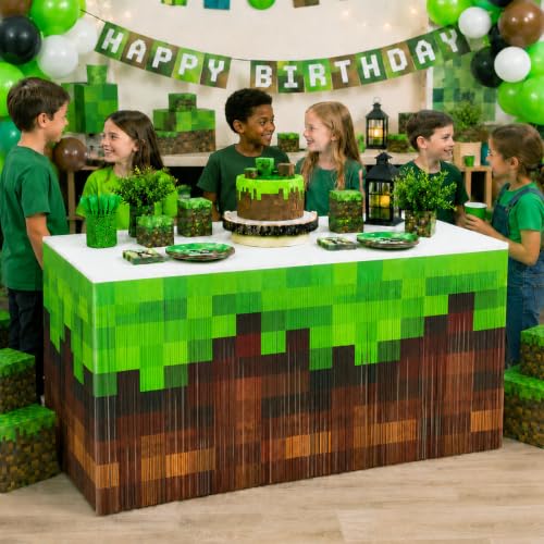 Image of Pixel Video Game Party Table Skirts, 4 Pack Green Brown Foil Fringe Table Skirt Decorations for Boys Birthday, Block Theme Gaming Party Table Decor Photo Booth Props