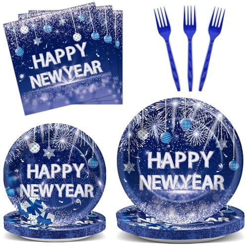 Image of 100PCS Happy New Year Party Plates and Napkins Party Supplies Blue 2026 New Year's Eve Platters Dessert Cake Tableware Set Party Decor Favor for New Year Evening Party Celebration Decoration Serves 25