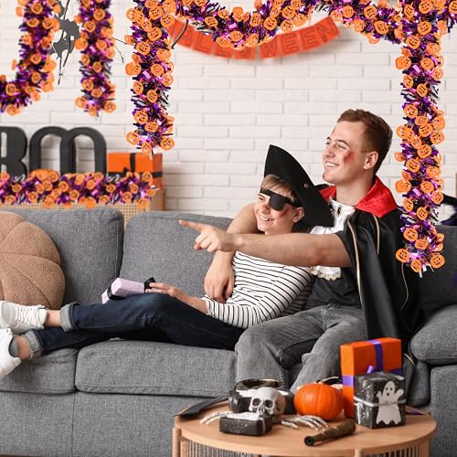 Image of 50FT Halloween Tinsel Garland, Thick Glitter Purple Orange Pumpkin Garlands Metallic Holiday Hanging Streamers for Halloween Party Supplies Indoor Outdoor Decoration