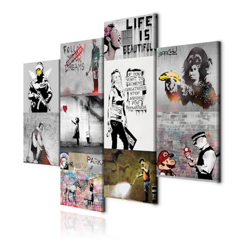 decomonkey Bilder Set Banksy 126x98 cm 4 Teilig Leinwandbilder Bild auf Leinwand Vlies Wandbild Kunstdruck Wanddeko Wand Wohnzimmer Wanddekoration Deko Modern Abstrakt Graffiti Street Art Beton grau