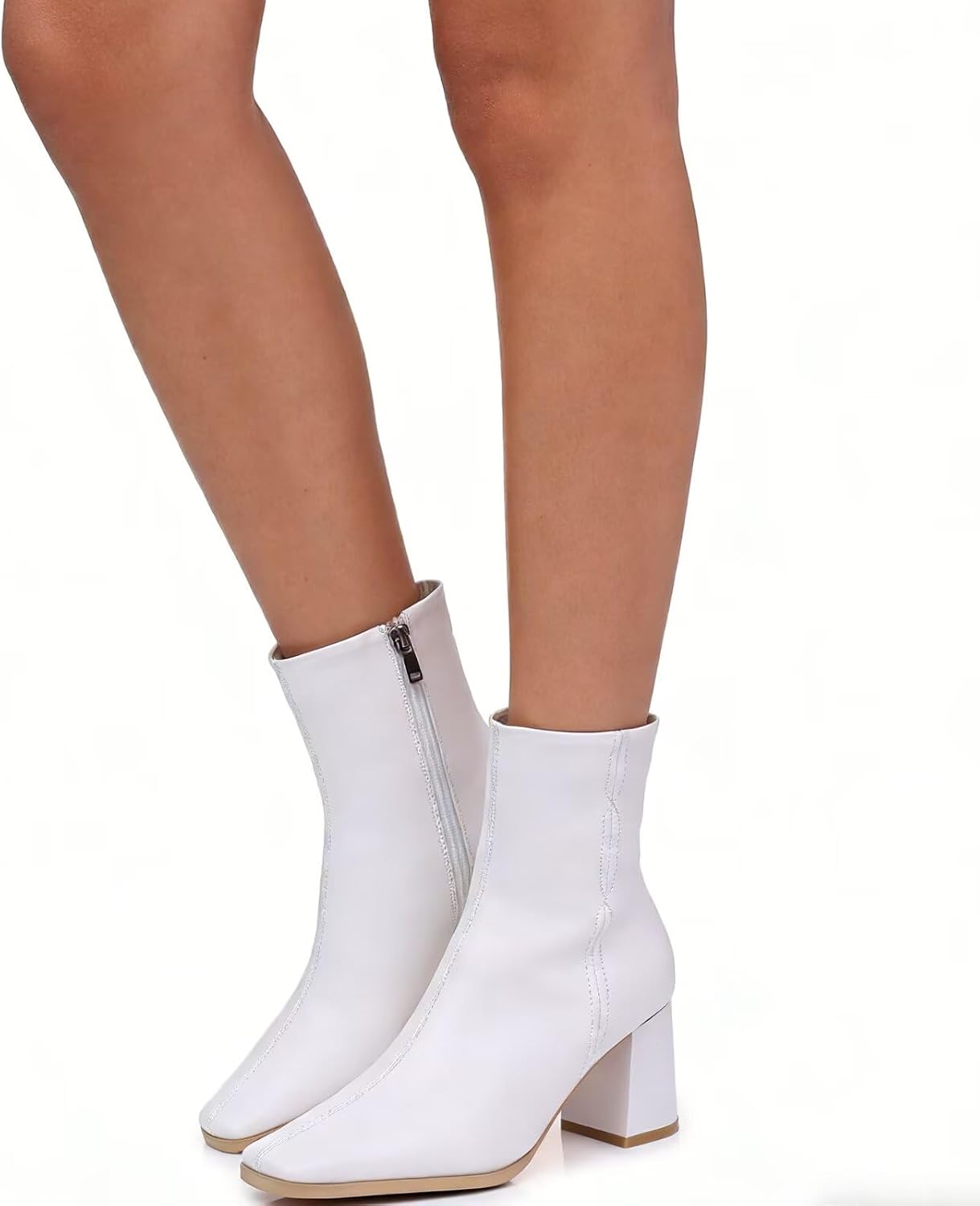 Women's Ankle Boots Square Toe Chunky Block Heel Short Boots for Women Low Heeled Booties with Side Zipper