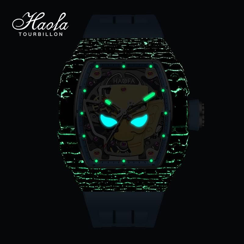 Miniatura 4 de Haofa Reloj mecánico automático para hombre, esqueleto Sanxingdui, cara dorada, bisel de fibra de carbono, reloj de pulsera luminoso, zafiro,