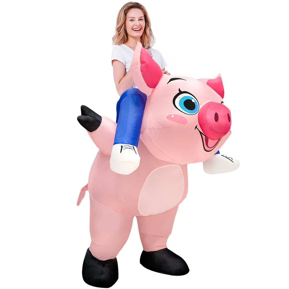 JASHKE Costume Cochon Chevaucher Gonflable Deguisement Cochon Gonflables | Costume Gonflable de Cochon pour Adulte Chevauche un Cochon Rose Deguisement Gonflable Rigolos Halloween Noël Carnaval