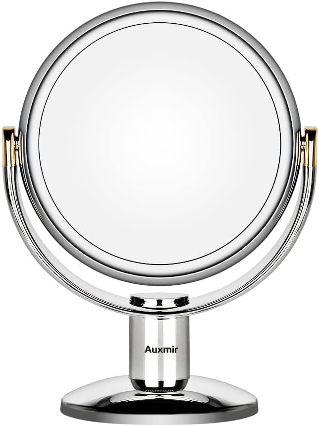 Auxmir Double Sided Makeup Mirror with 1X / 10X Magnification, Magnifying Mirror on Stand, Round Cosmetic Mirror with 360° Rotation, Free Standing Vanity Table Mirror for Bathroom Bedroom, Chromed