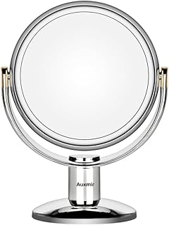 Auxmir Double Sided Makeup Mirror with 1X / 10X Magnification, Magnifying Mirror on Stand, Round Cosmetic Mirror with 360° Rotation, Free Standing Vanity Table Mirror for Bathroom Bedroom, Chromed