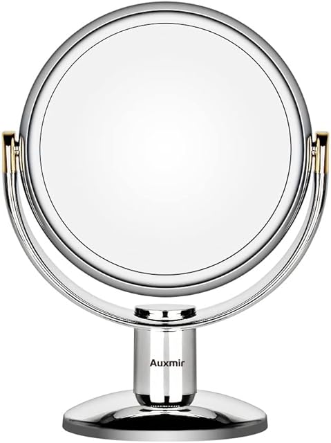 Auxmir Double Sided Makeup Mirror with 1X / 10X Magnification, Magnifying Mirror on Stand, Round Cosmetic Mirror with 360° Rotation, Free Standing Vanity Table Mirror for Bathroom Bedroom, Chromed