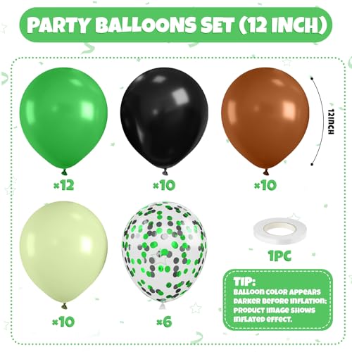 Image of Green and Brown Balloons, 50PCS 12 Inch Camouflage Green Black Brown Ballons, Dark Emerald Green Confetti Balloon for Camping Game Jungle Theme Camo Birthday Army Party Decorations