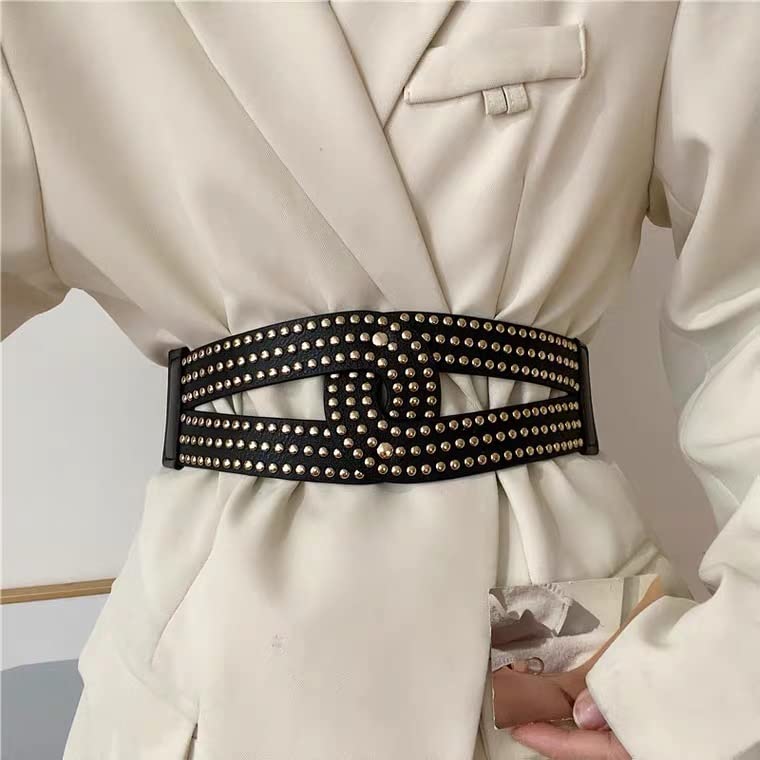 Women's Studded Vintage Wide Waistband Cinch Belts Rivet Elastic Fashion Leather Stretchy for Dresses(Black-1)4