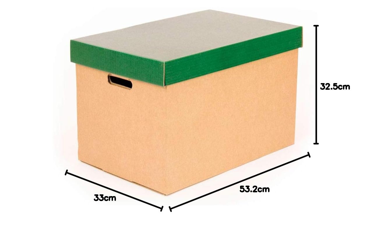 ONLY BOXES, Aufbewahrungsboxen mit grünem Deckel, Umzugskartons und Aufbewahrungsboxen aus Karton mit Griffen, sehr stabiler Karton, 53,2 x 33,1 x 32,5 cm (L x B x H) in cm, 2 Stück