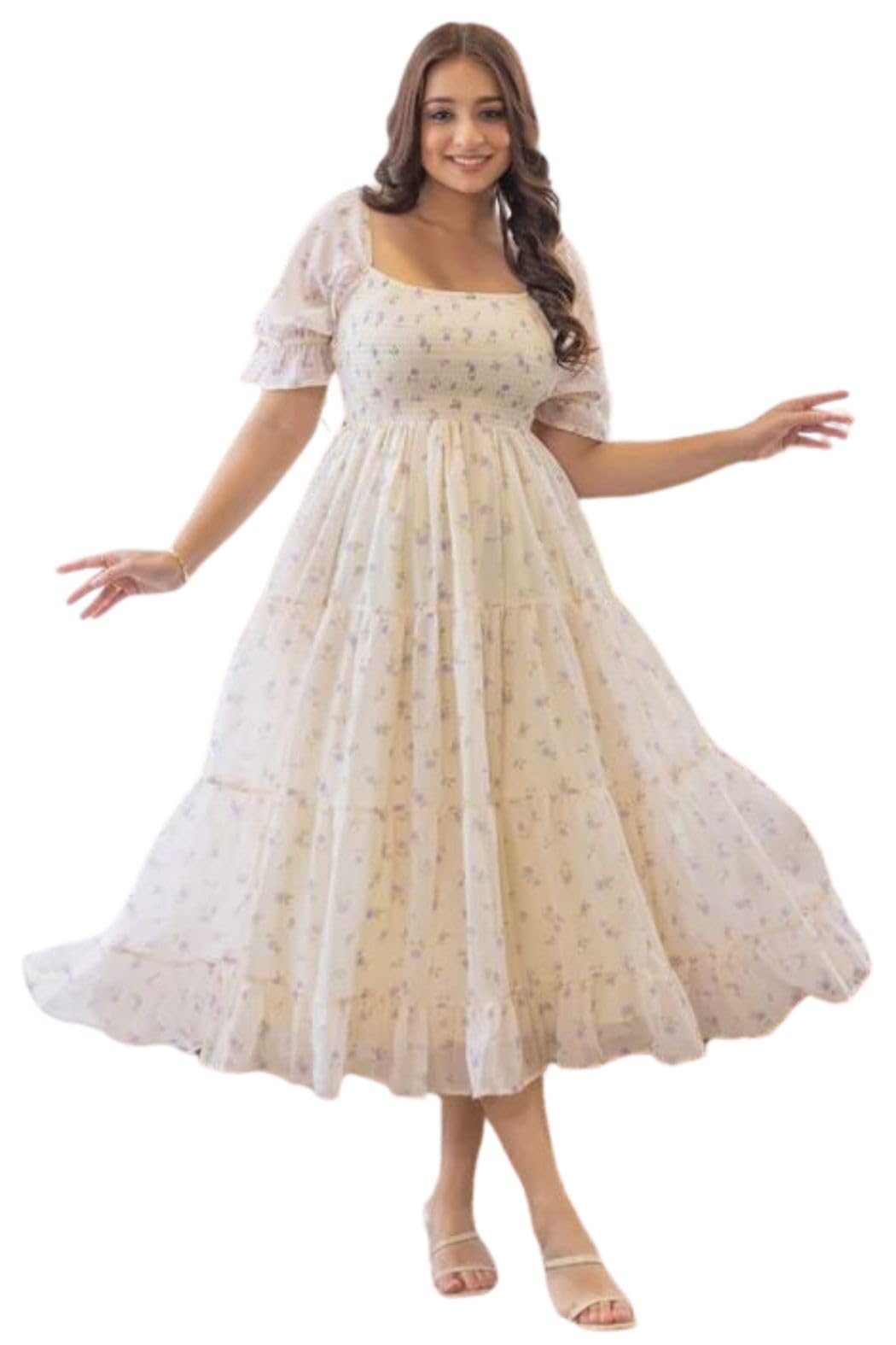 KUDUZO Maxi Dress for Women | Floral Printed Maxi Dress for Women | Trendy Long One Piece Summer Outfit | Lightweight Flared Dress for Casual & Holiday Wear White