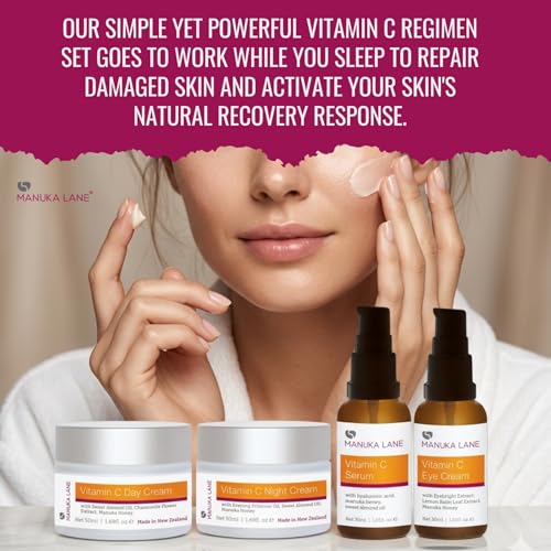 Manuka Lane Vitamin C Complete Skin Care Regimen | Includes (1) Day Cream, (1) Night Cream, (1) Face Serum, (1) Eye | Powerful, Safely Derived, and Natural Ingredients