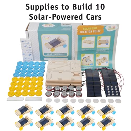 Solar Powered Car Kit (10-Pack) – Build-Your-Own Wooden Solar Vehicles for Kids, STEM Engineering Project Kits for Classroom, Renewable Energy Science Experiments