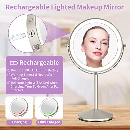 Lomrecs Vanity Mirror With Lights, 1X/10X Magnifying Makeup Mirror With Lights, 8 Inch Rechargeable Double Sided Lighted Makeup Mirror, Dimmable Led Vanity Mirror With 3 Color Lighting Modes #TOP5