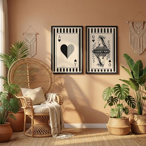 Image of NoWorries Ace & Queen of Hearts Playing Card Wall Art Set of 2, Black and White Casino Decor, Framed Poker Room Wall Decor, Minimalist Playing Card Prints, Modern Game Room Artwork for Living Room (Art-14, 13x19inch)