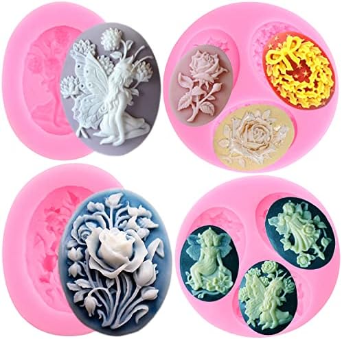 MYPRACS Cameo with Picture Frame Silicone Mold Rose Flower Fondant Mold Fairy Chocolate Molds For Cake Decorating Cupcake Topper Sugar Candy Polymer Clay Gum Paste Set Of 4