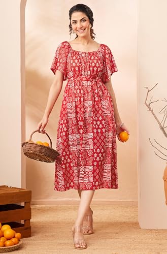 Image of Janasya Women's Red Pure Cotton Geometric Printed A-Line Dress