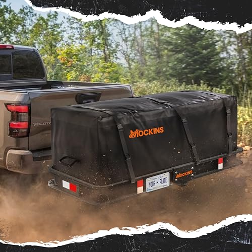 Mockins 60"x20"x6" Heavy Duty Trailer Hitch Cargo Carrier w/License Plate Holder & 16 Cu.Ft. Waterproof Cargo Bag for Hitch Carrier | All-Weather 500 Lbs Cap Folding Luggage Rack for SUV Car & Truck