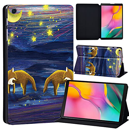 Image of Printed Leather slim lightweight Stand Cover Case for Samsung Galaxy Tab A 10.1 2019 Case (Model: SM-T510 SM-T515), Cover with Stand Function (Black) (twin fox and moon paint)
