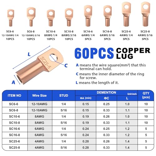 Sanuke Battery Cable Lug Crimping Tool for AWG10-1/0, Wire Terminal Crimper with 60pcs Copper Wire Lugs and Heat Shrink Tubing, Electrical Lug Wire Crimping Tool
