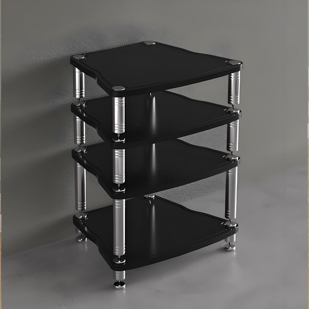 4-Layer Audio Rack Media Stand MDF Stereo Cabinet with Shock-Absorbing Feet Power Amplifier Shelf Media Storage Solution (Black 25.5"x26.1"x32.2")