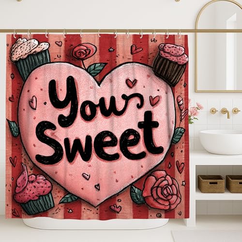 Duschvorhang mit Herzmotiv, verspielte Cupcake-Rose, Valentinstag, pfirsichfarben, wasserdicht, Stoff-Design, Druck, Badvorhänge für Badezimmer, Badewanne, Wohnung, Dekoration, 183 x 183 cm