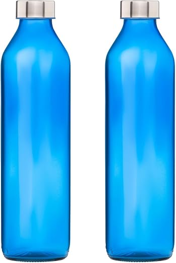 SAND DUNE Set of 2, 800 ml Each Blue Glass water bottle, with Leak-Proof Airtight Stainless-Steel Lid for Water, Smoothie,...