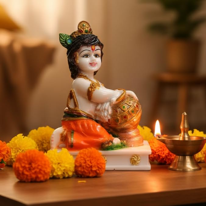 Image of RIANZ Bal Roop Laddu Gopal Ji Idol | Makhan Chor Krishna Murti for Car Dashboard, Home & Office Decor | 11.2 cm x 7.2 cm | Resin Statue of Lord Shri Krishna (Multicolor) (Multicolor 1 PC)