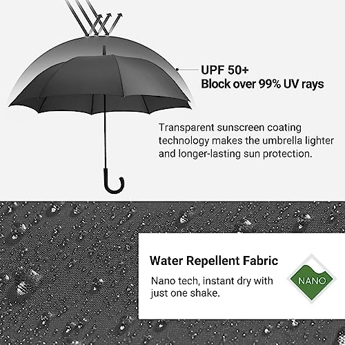 Rumbrella Black Hook Handle Umbrella Windproof Upf 50+, J Stick Uv Umbrellas Auto Open 54In #TOP3