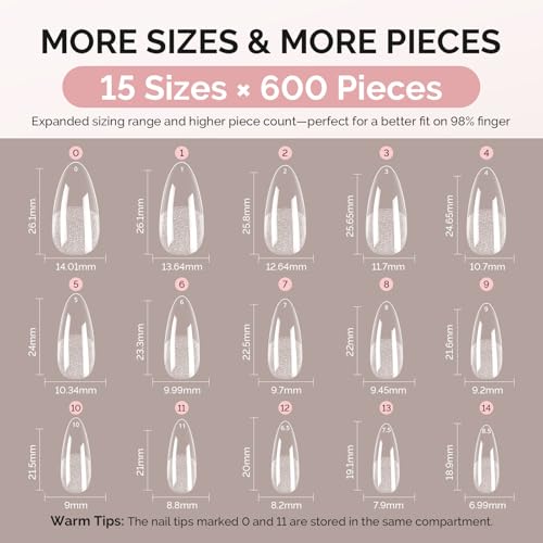 Image of MelodySusie Medium Almond X Nail Tips - 600Pcs 15 Sizes Clear Acrylic, Half Matte Full Cover Press on Nails for DIY Extension & Salon Use, Pre-Shaped for Long-Lasting Manicure