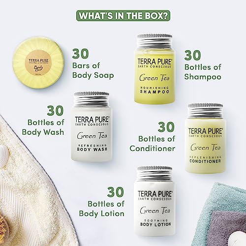Terra Pure Hotel Soaps And Toiletries Bulk Set | 1-Shoppe All-In-Kit Amenities For Hotels | 1Oz Hotel Shampoo & Conditioner, Body Wash, Body Lotion & 1.25Oz Bar Soap Travel Size | 150 Pieces #TOP2