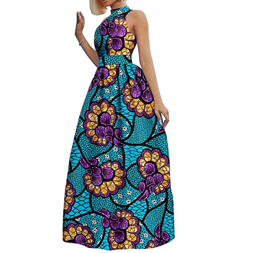 MaxPick African Ladies Sleeveless Strapless Round Neck Dress Ankara Print Ankle Sexy Casual Dress L 618