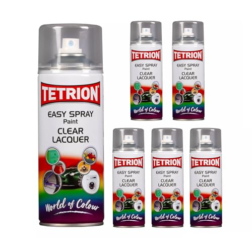 Image of Tetrion Easy Spray Paint - Clear Lacquer 400ml (Pack of 6) - Acrylic Clear Coat Spray for Wood, Metal, Plastic, Ceramic & More - Easy to Use, Durable Finish,Indoor & Outdoor Use, 13.5 Oz