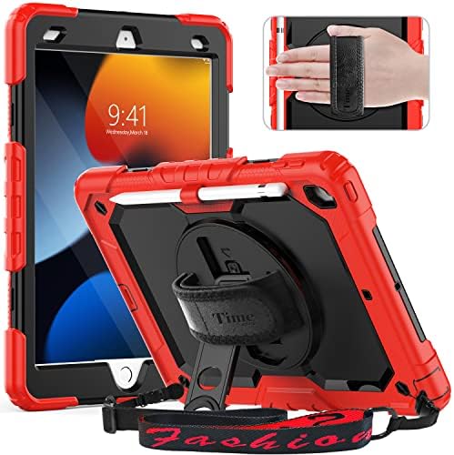 Timecity iPad 10.2 Case 2021/2020/ 2019, iPad 9th/ 8th/ 7th Generation Case with Screen Protector Pencil Holder, Kickstand, Hand Strap Shoulder Strap, Anti Scratch iPad 9th/ 8th/ 7th Gen Case, Red
